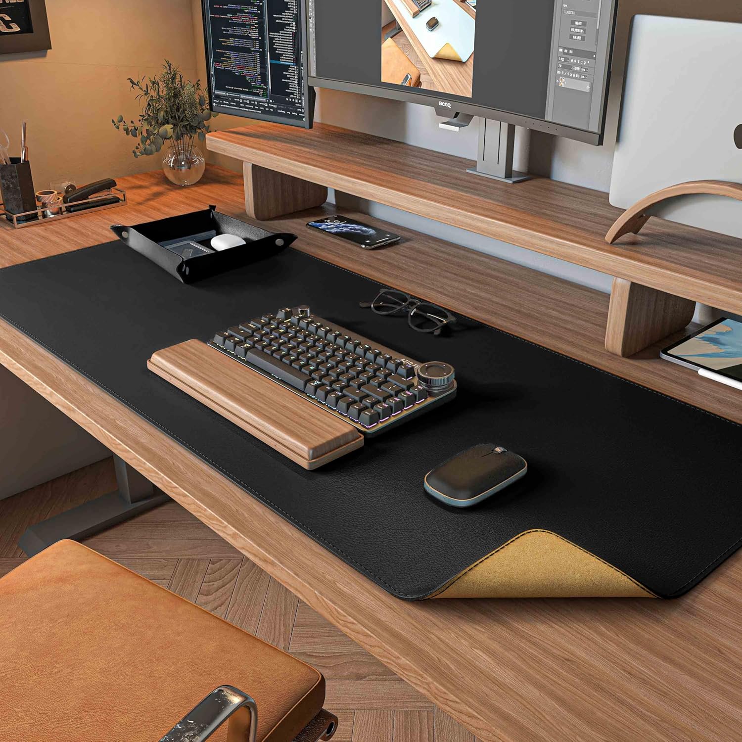 Desk Corner Mat - Dual Sided Desk Mat,Leather Desk Pad,Black